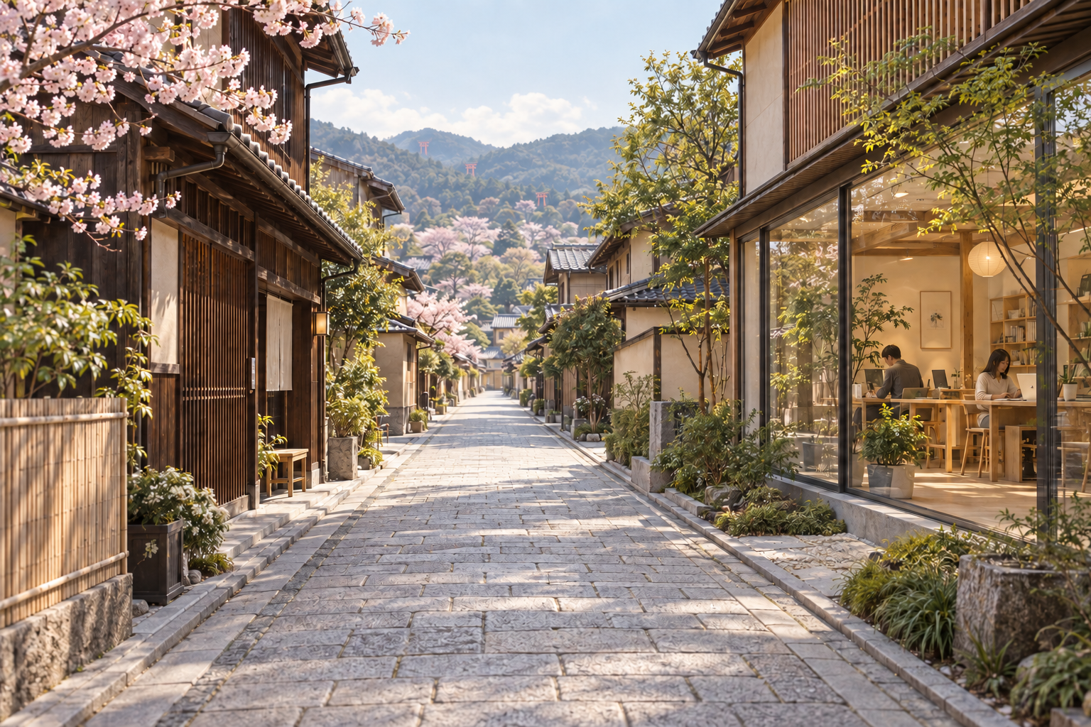 Décor illustratif : une ruelle de Kyoto, quelques torii dans les montagnes au loin et un studio de travail fictif